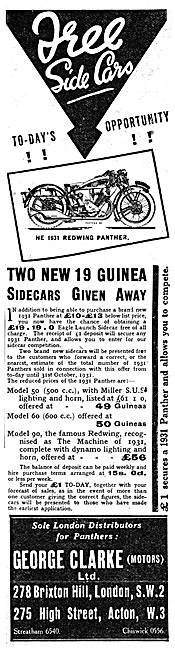 Geo Clarke Motor Cycle Sales. 278 Brixton Hill, SW2. 1931 Advert 