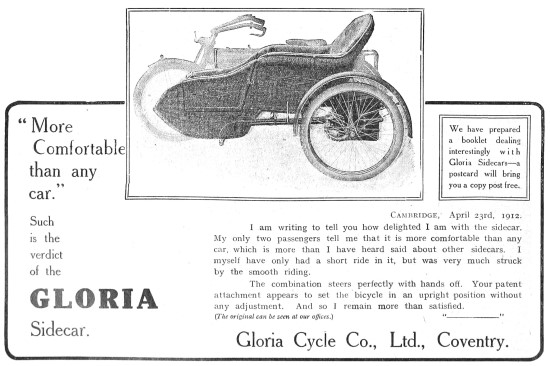 Pre WW1 Gloria Sidecars 1912 Advert                              