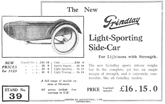 1922 Grindlay Sidecars - The 1923 Grindlay Sidecars Price List   