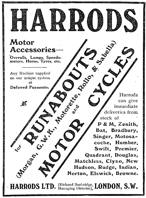 Harrods Motor Cycle, Cycxlecar & Three Wheeler Sales 1912 Advert 