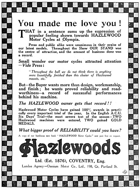 1913 Hazlewoods Motor Cycles                                     