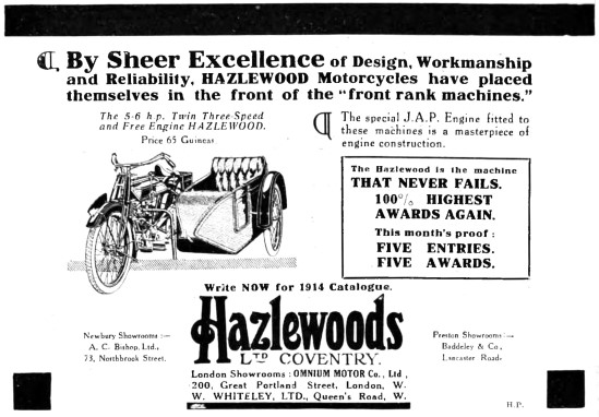 1914 Hazlewood 5-6 HP Twin Motor Cycle                           