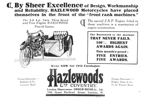 1914 Hazlewood 5-6 HP Motor Cycle & Sidecar                      