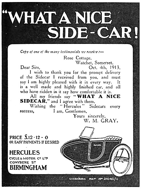 1913 Hercules Sidecars Advert                                    