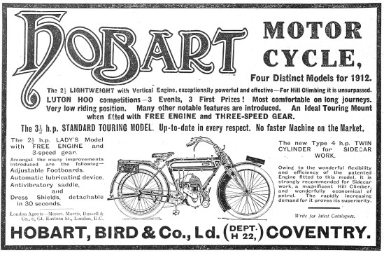 The 1912 Range Of Ladys & Standard Hobart Motor Cycles           