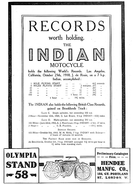 Indian Motor Cycle Records For 1910                              