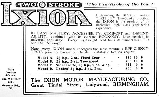 Ixion Model A Motor Cycle - Ixion Model B Motor Cycle Advert 1916
