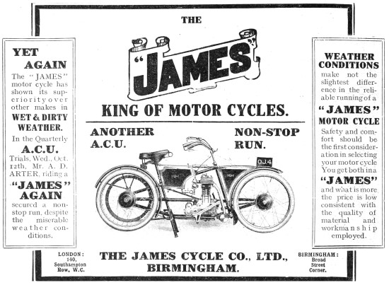 1910 James Motor Cycle Advert                                    