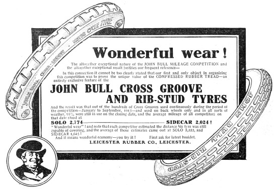 John Bull Cross Groove & Rib Stud Motor Cycle Tyres 1913         
