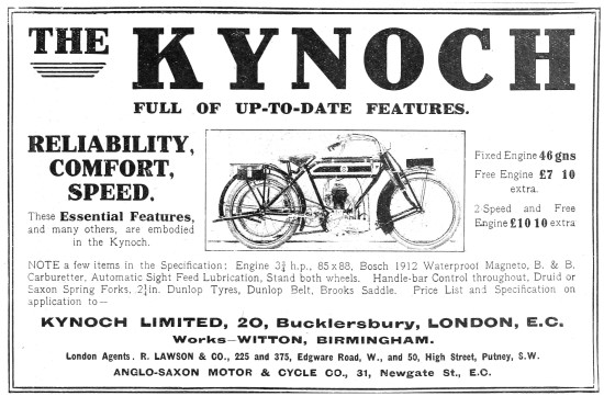 1912 Kynoch Motor Cycle Models & Specifications                  