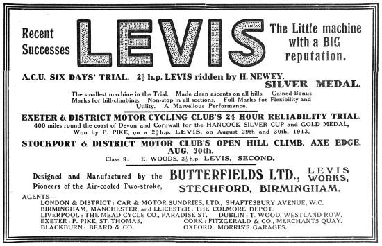 Levis Motor Cycles - 1913  Levis Motorcycles Advert              
