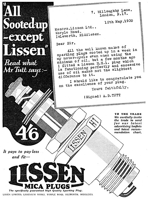 Lissen Motor Cycle Sparking Plugs - Lissen Spark Plugs 1930      