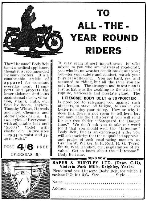 Litesome Motorcyclists Body Belt & Supporter 1931 Advert         