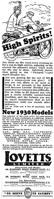 Lovetts Motor Cycle Sales & Service Leytonstone 1930 Advert      
