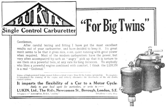 Lukin Single Control Carburetters For Big Twin Motor Cycles      