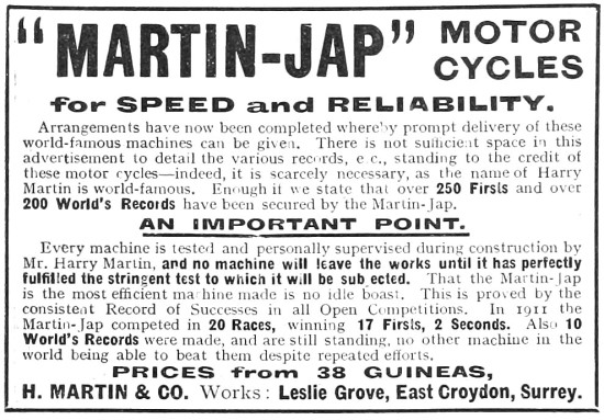 Martin-JAP Motor Cycles 1912 Advert                              