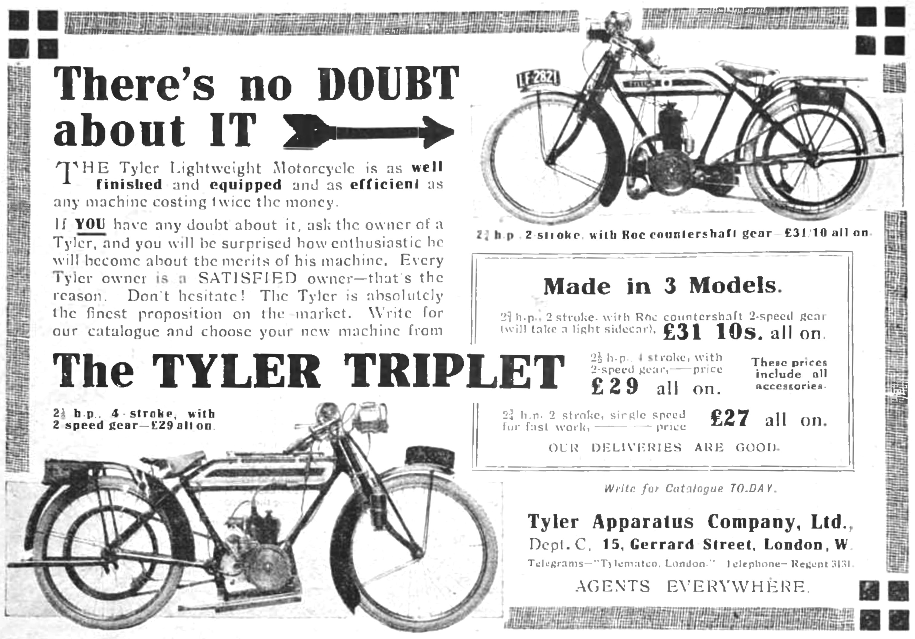 1915 Tyler Motor Cycles Model range                              
