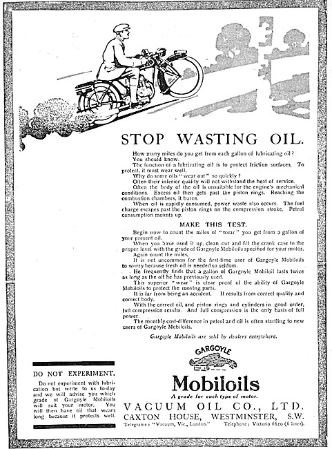 Mobilgas Petrol - Mobiloil Gargoyle Motor Oil 1915 Advert        