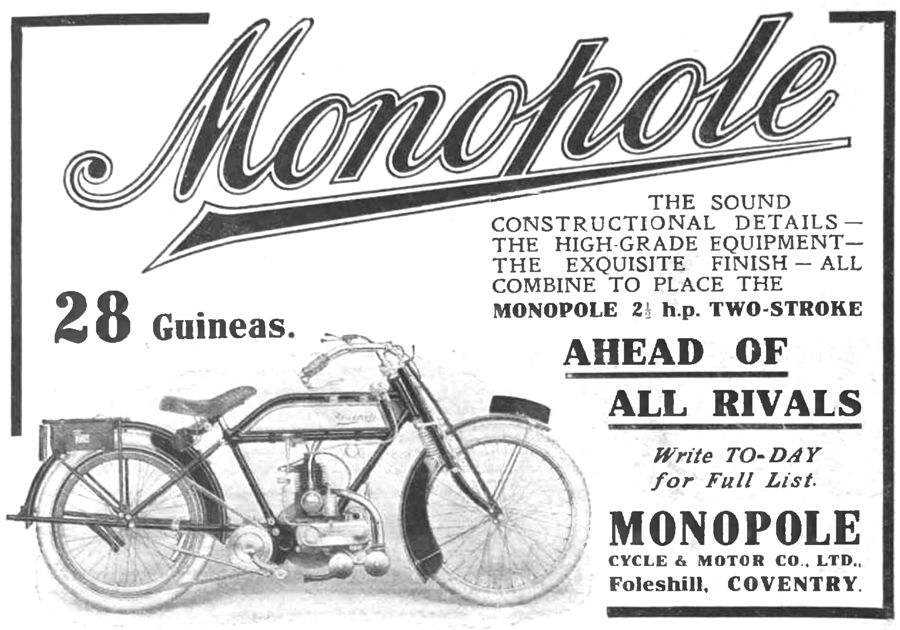 1915 Monopole 2.5 HP Two-Stroke Motor Cycle                      