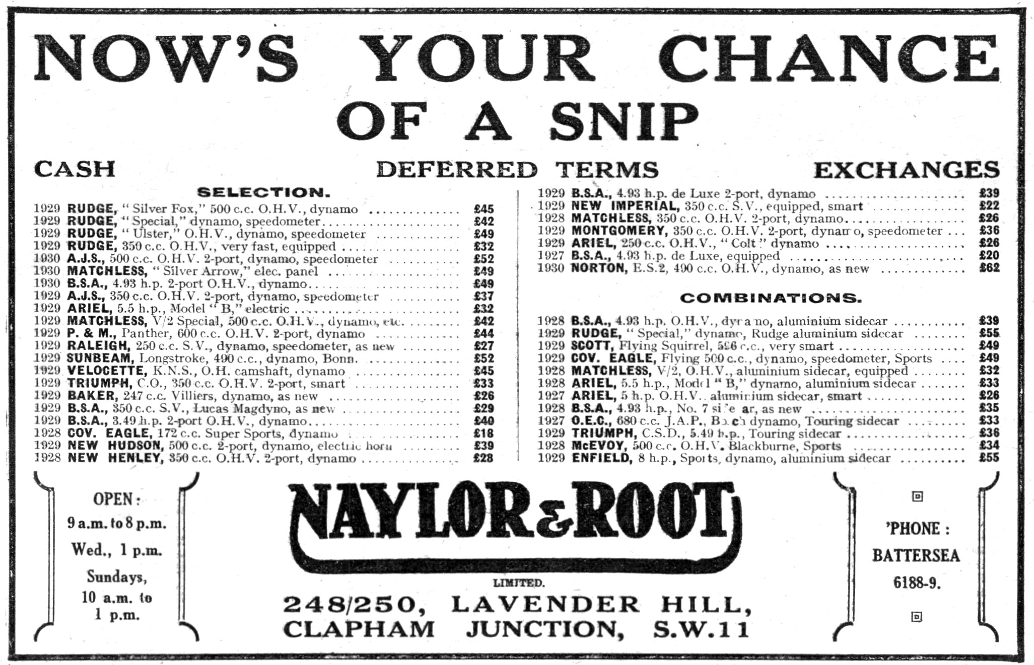 Naylor & Root. Lavender Hill. Motor Cycle Sales & Service 1930   