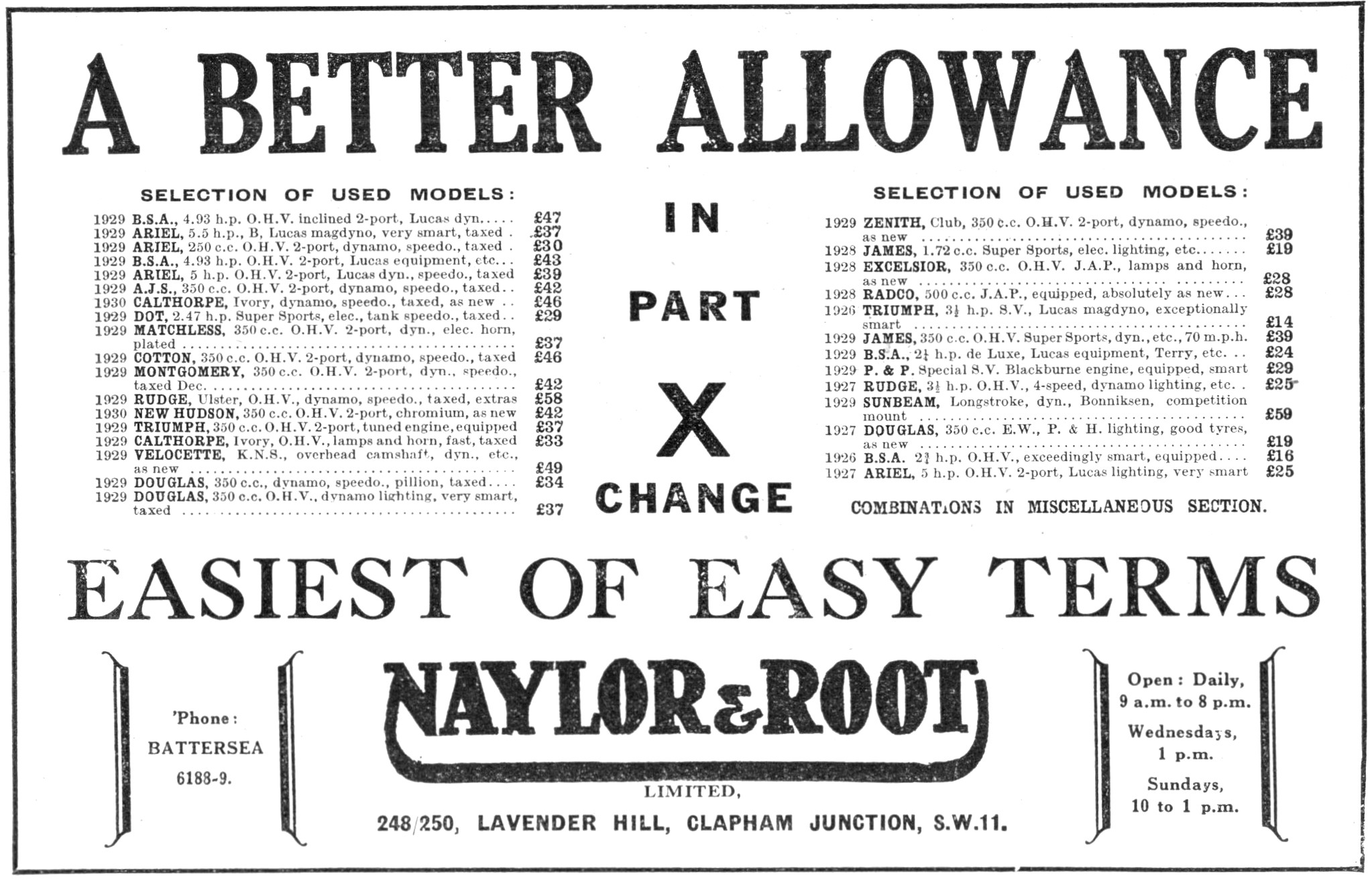 Naylor & Root Motor Cycle Sales & Service 1930 Advert            