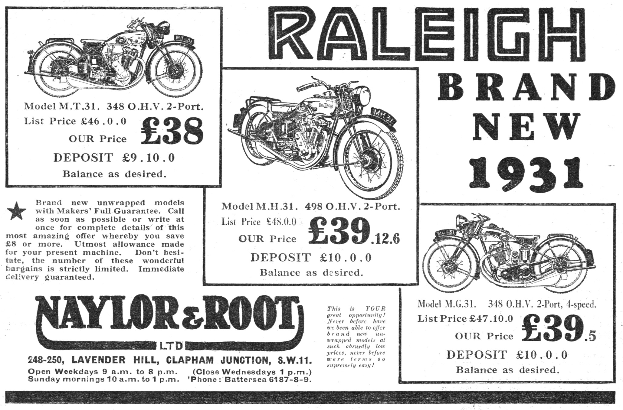 1931 Naylor & Root Raleigh Motor Cycle Advert                    