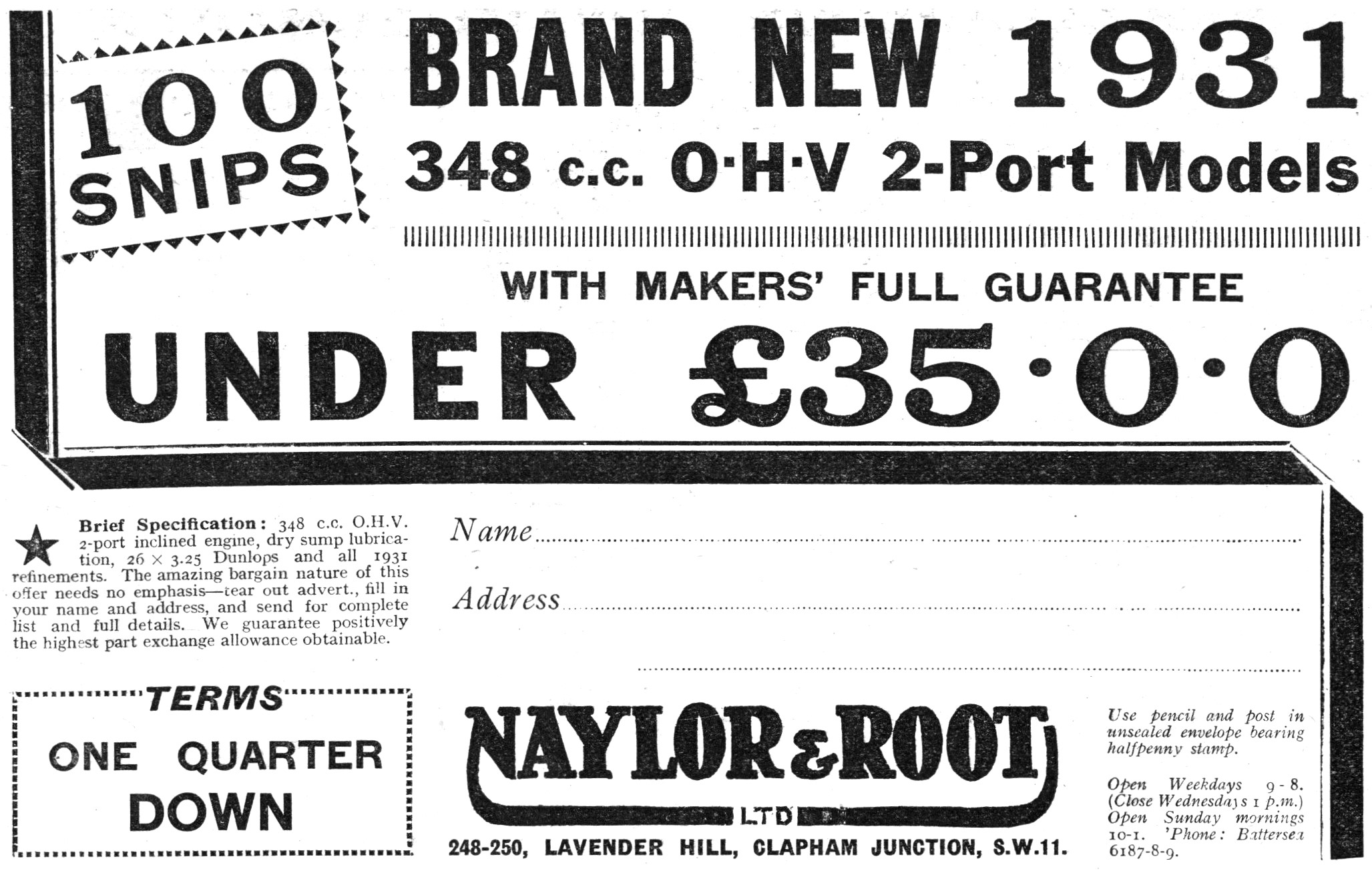 Naylor & Root Motor Cycle Sales. 248-250 Lavender Hill, Clapham  