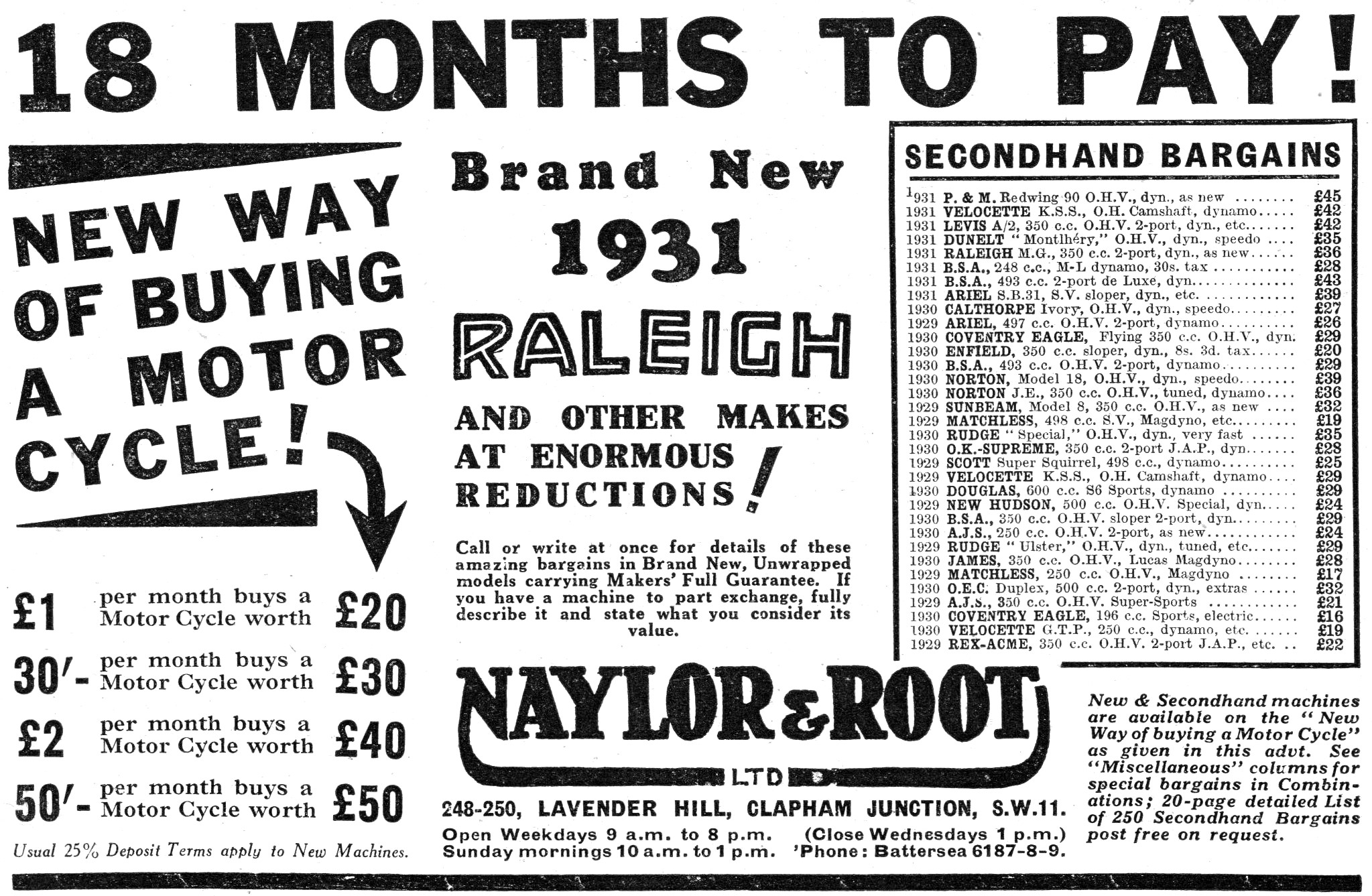 Naylor & Root Motor Cycle Sales. Clapham Junction 1931 Advert.   