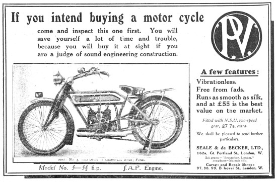 P.V.-JAP Model 5  Motor Cycle 1912 Advert                        