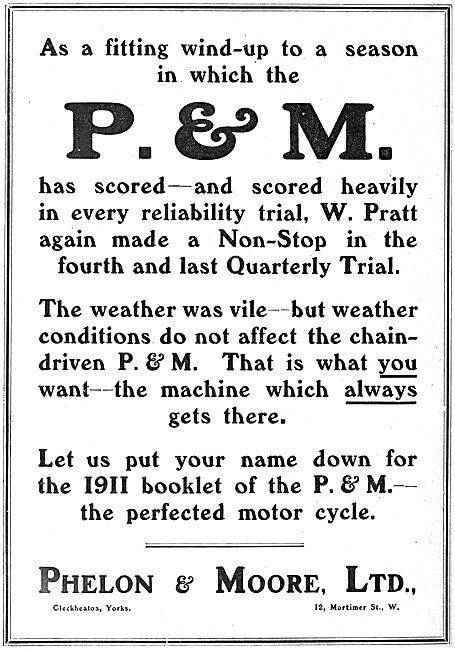 1910 Phelon & Moore P.& M. Motor Cycle Advert                    