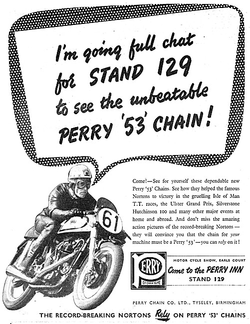 1953 Perry Motor Cycle Chains Advert                             