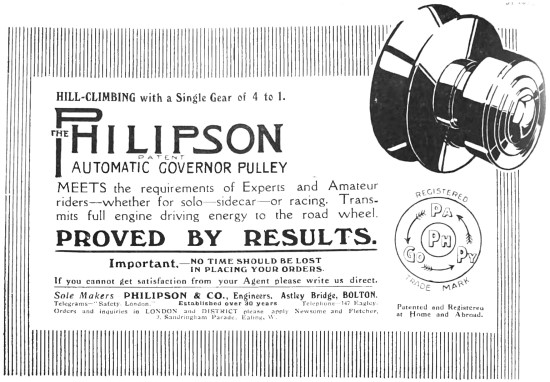 Philipsons Automatic Governer Pulley For Motor Cycles 1914 Advert