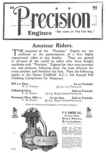 Precision Engines - 1914 Precision Motor Cycle Engine Advert     