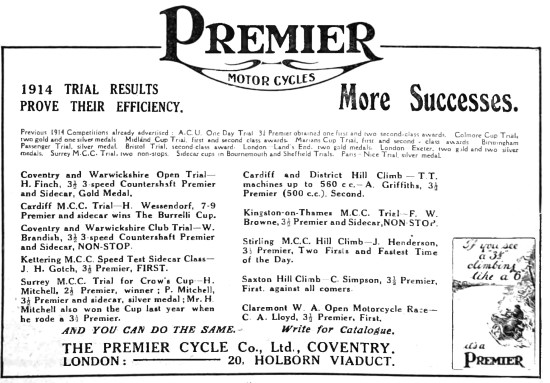 Premier Race Winning Motor Cycles 1914 Advert                    