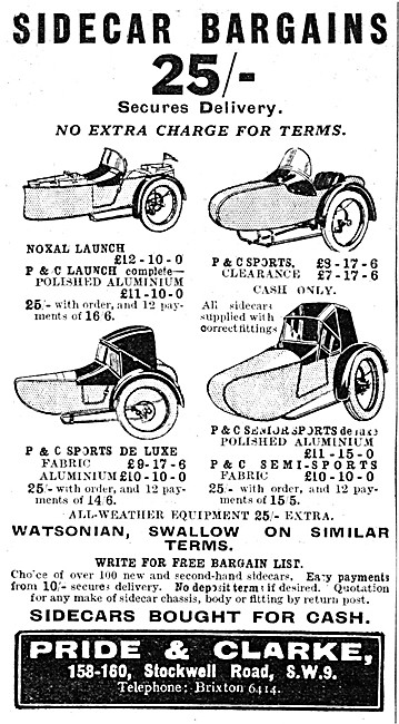 Pride & Clarke Motor Cycle & Sidecar Sales. Spares Stockists.    