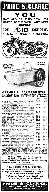 Pride & Clarke Motor Cycle Sales & Parts Stockists 1931 Advert   