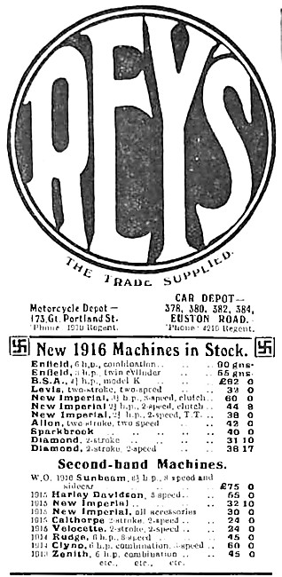 Reys Motor Cycle Sales & Service. Euston Rd. 1916 Advert         