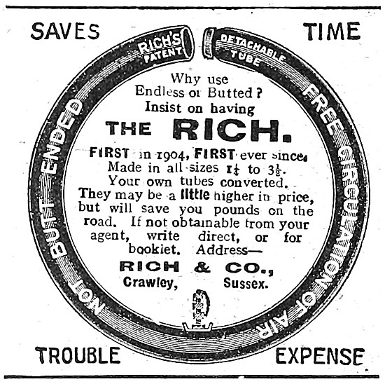 Rich Motor Cycle Tubes & Tyre Covers 1910 Advert                 