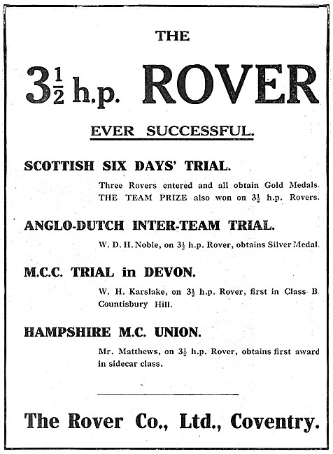 3.5 HP Rover Motor Cycle 1913 Advert                             