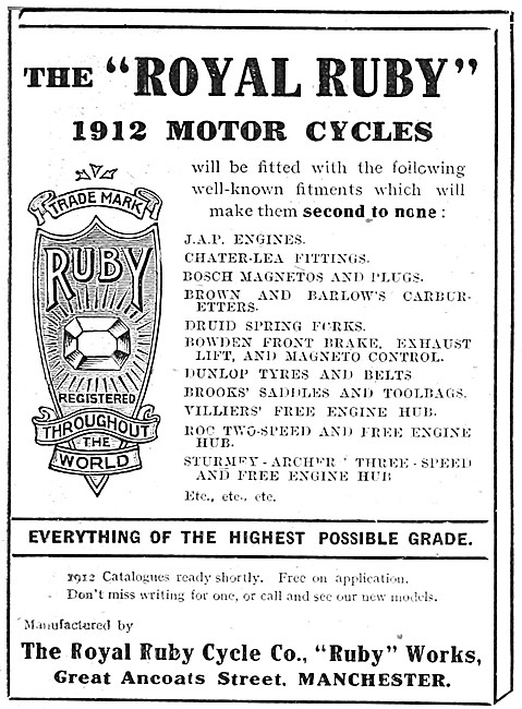 Royal Ruby Motor Cycles 1912 Advert                              