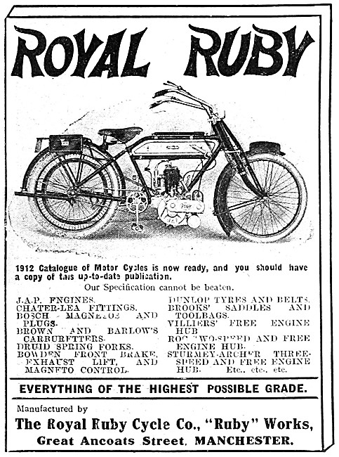 1912 Royal Ruby Motor Cycle Models & Specifications              