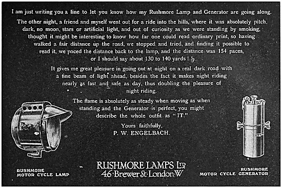 Rushmore Acetylene Motor Cycle Lamps & Gas Generators            
