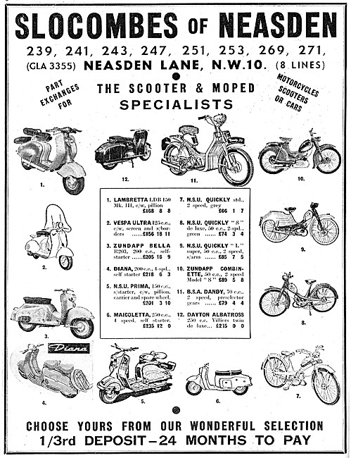 Slocombes Of Neasden Motor Cycle, Moped & Scooter Sales.         