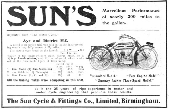 1912 Sun Motorcycles Advert                                      