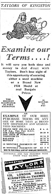 Taylors Of Kingston Motor Cycle Sales & Service.1931 Advert      