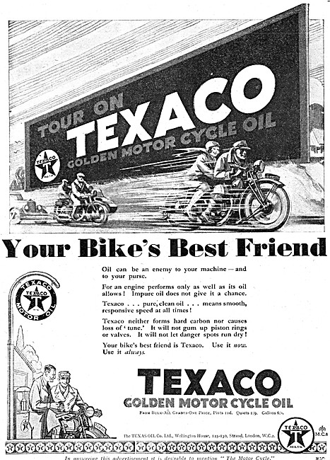Texaco Golden Motor Cycle Oil  1930 Advert                       