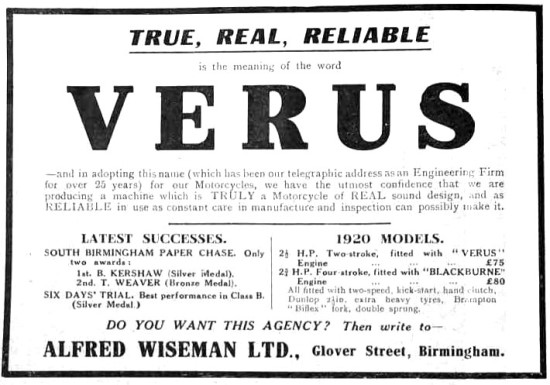 Verus Motor Cycles 1919 Models                                   