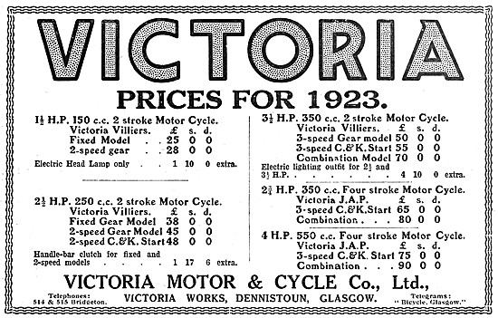 1923 Victoria Motor Cycles Price List                            