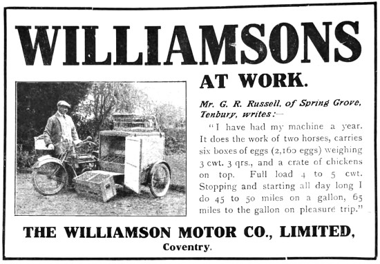 Williamson Motor Cycles & Tradesmen Body Sidecars 1914 Advert    