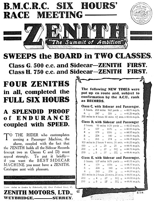 1913 Zenith Race Winning Motor Cycles                            